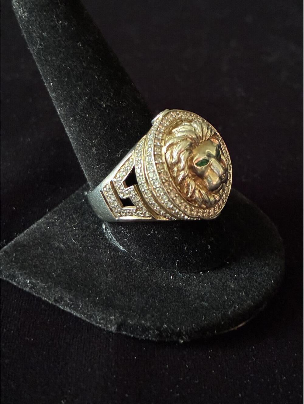 Men's Iced Out Gold Tone 3D Lion Signet Ring Greek Key Border Sz 11